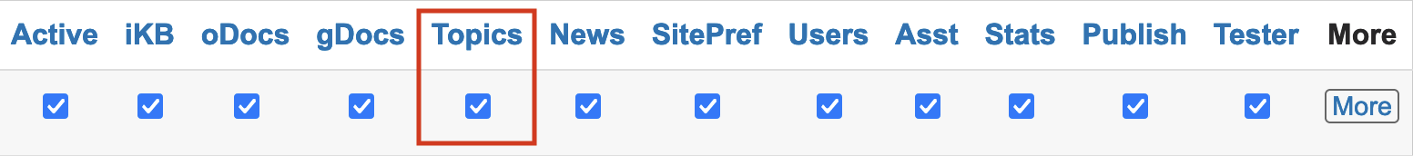 Screenshot of the row of permissions for an individual user on the Existing Users page, with the checkbox in the Topics column highlighted