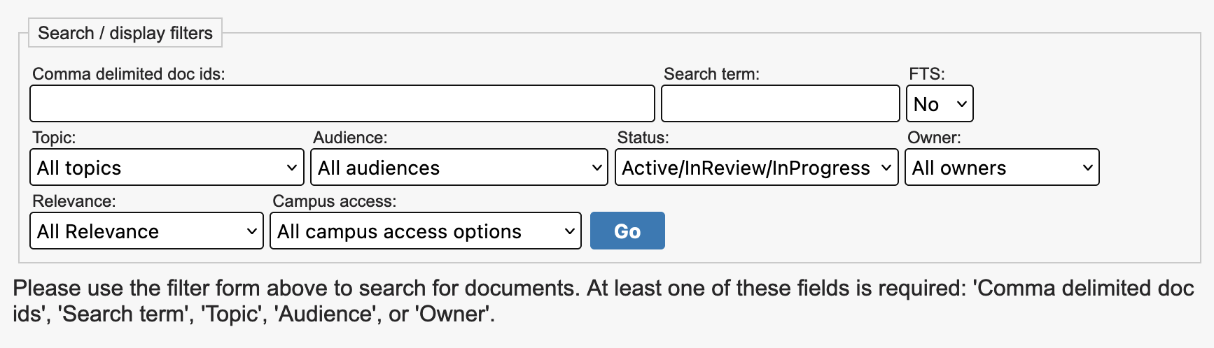 Screenshot showing the input fields and search filters on the batch tool pages
