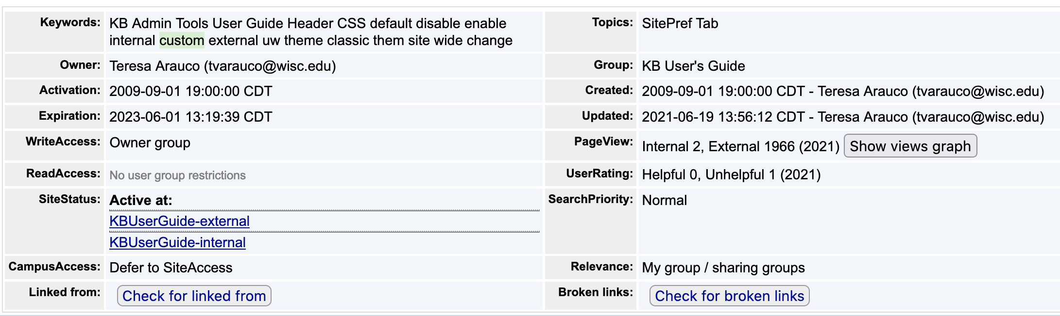 Image showing an example of the document information table in the KB Admin Tools, which has two columns and nine rows.