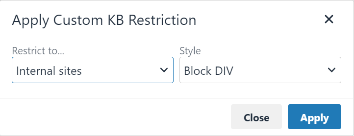 TinyMCE content restriction pop-up, which has a dropdown to select the type of restrction, and a second dropdown to select how it will be applied