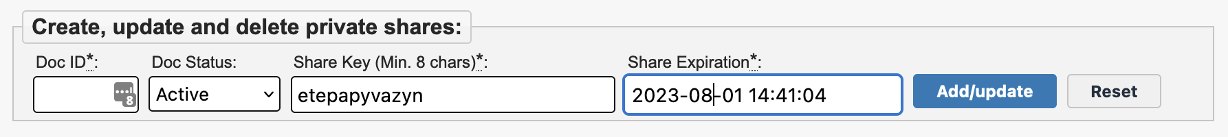 You will find a group of controls labeled "Create, update and delete private shares" which contains the fields described previously