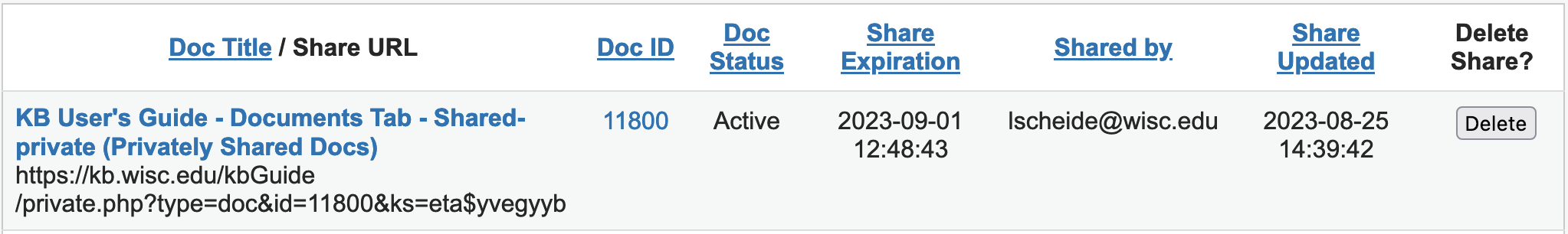 For an active private share link, the document title in the first column of the table will be an active hyperlink. The share expiration date will also be in the future.