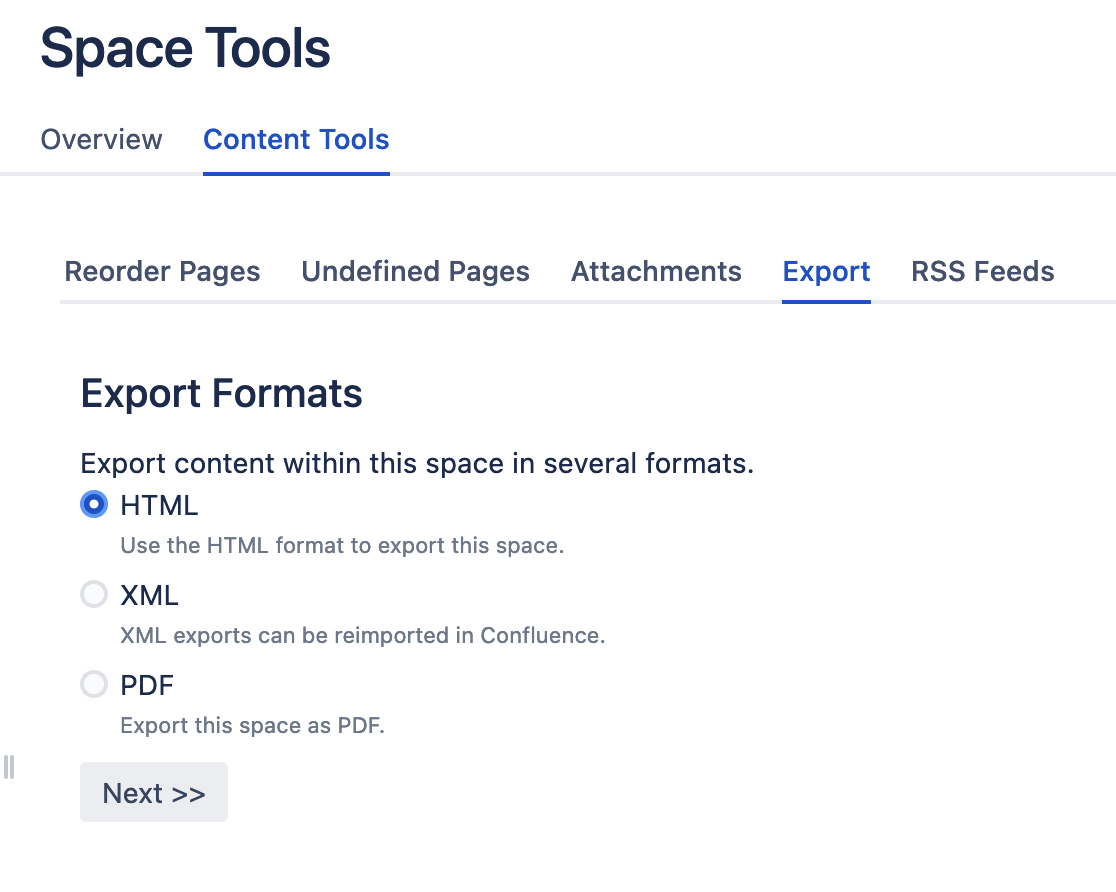 "HTML" is a radio button under the "Export" tab, along with "XML" and "PDF".