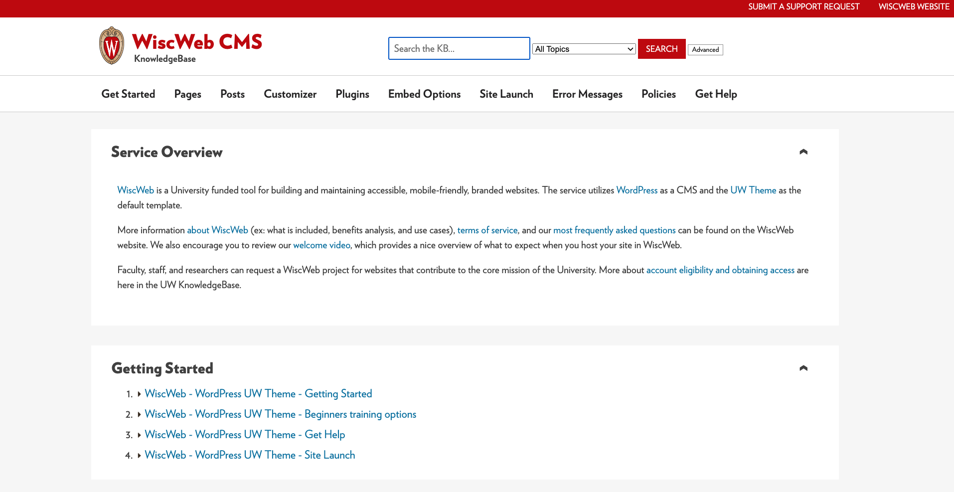 100% width layout example of a KB site with 1 column of content