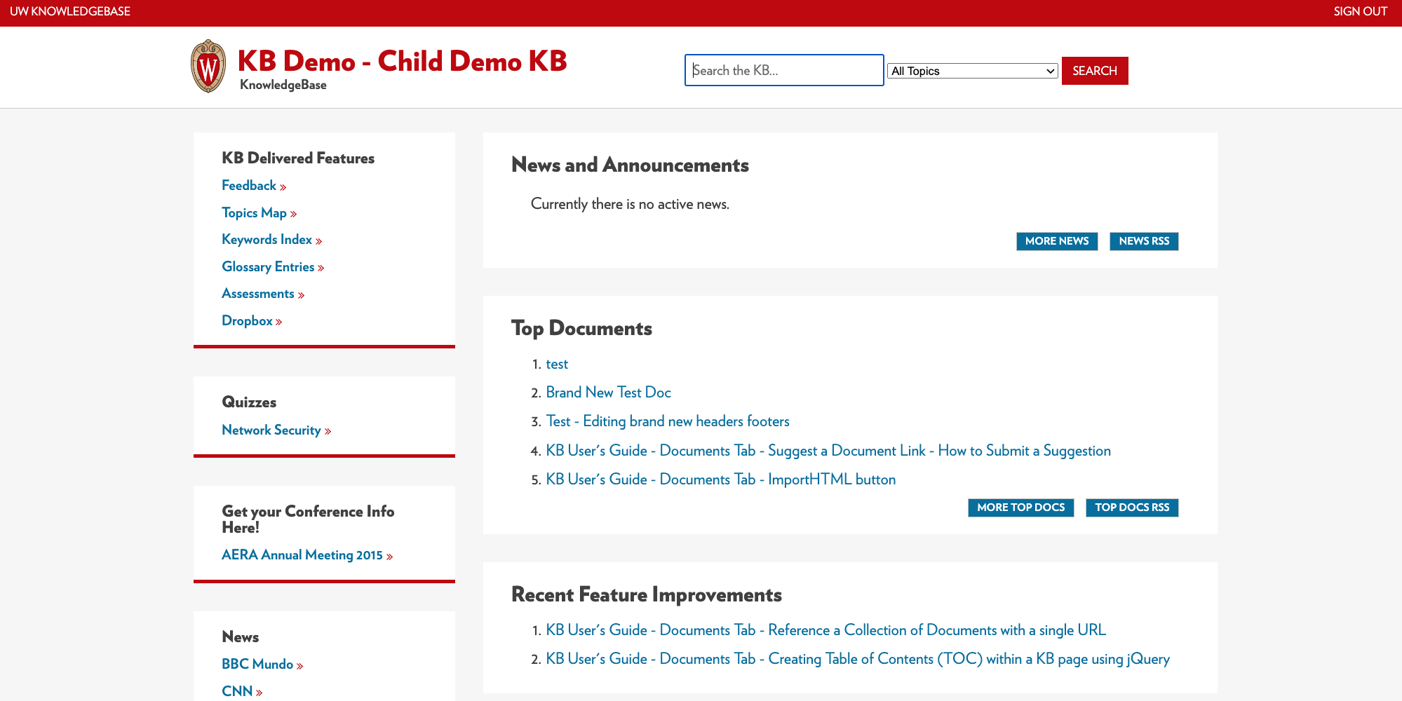 100% width layout example of a KB site with 2 columns of content