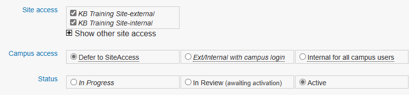 Site access options for making a document internal and external