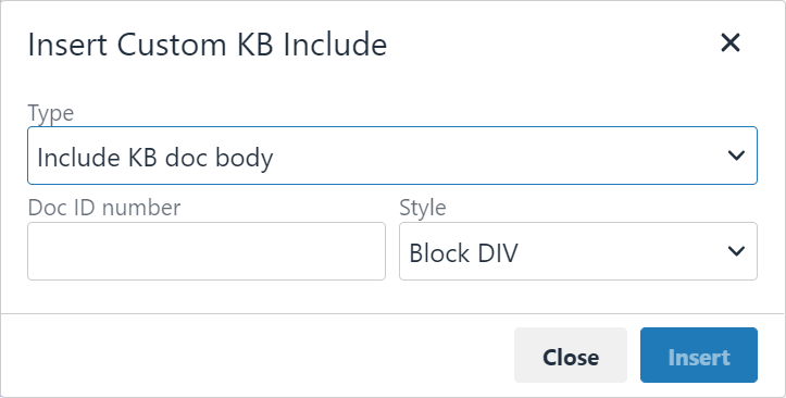 The Insert Custom KB Include pop-up window.