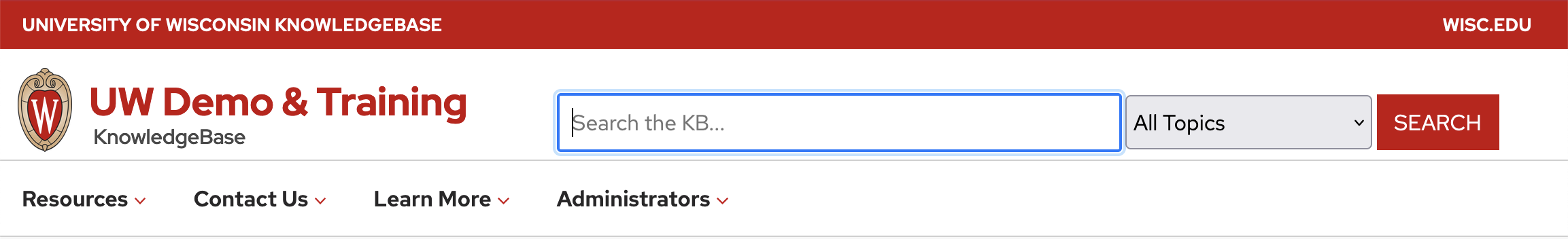 On the UW Demo & Training site, there is a top link bar with both a top left and top right link. The next element in the header is the UW crest and the site title, followed by the search bar. After the search bar, there is a dropdown menu bar that contains four dropdown menus, named Resources, Contact Us, Learn More, and Administrators.