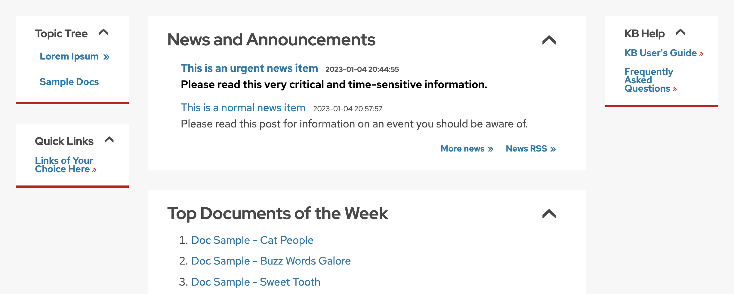 On the UW Demo & Training site, there are two side left menus, named Topics Tree and Quick Links, which together make up the first column. The next and largest column is the main content area, which displays the content modules on the homepage. There is also a side right menu named KB Help, which makes up the third column.