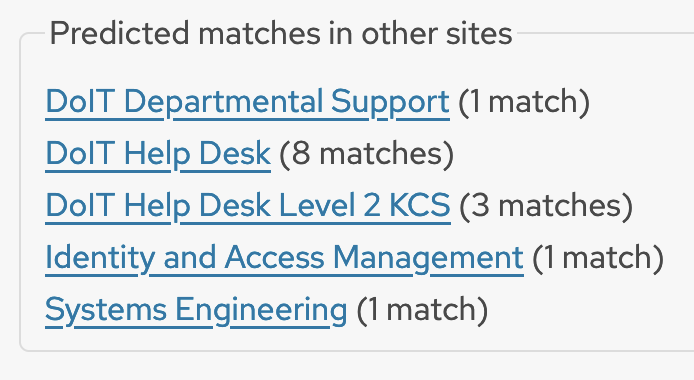 A fieldset labeled "Predicted matches in other sites" with a list of links to other KB sites, each with a predicted match count displayed next to the link.