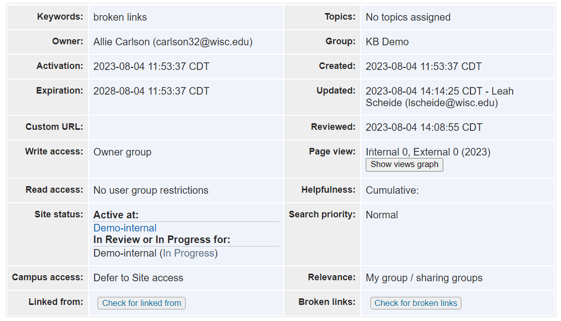A KB Document Summary table.