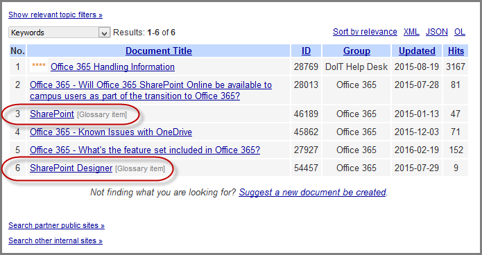 KB live site search results highlighting two glossary items