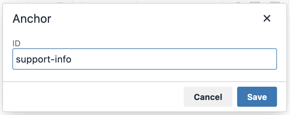 Example of an anchor ID, where "support dash info" was entered for the ID
