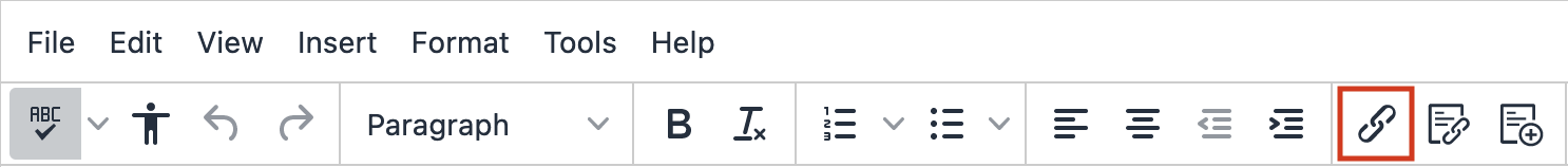 Screenshot showing the Link button in the editor toolbar, which is represented by a chain link icon