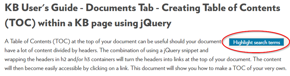 KB document showing the title, header, and highlight search term buttons on the right side