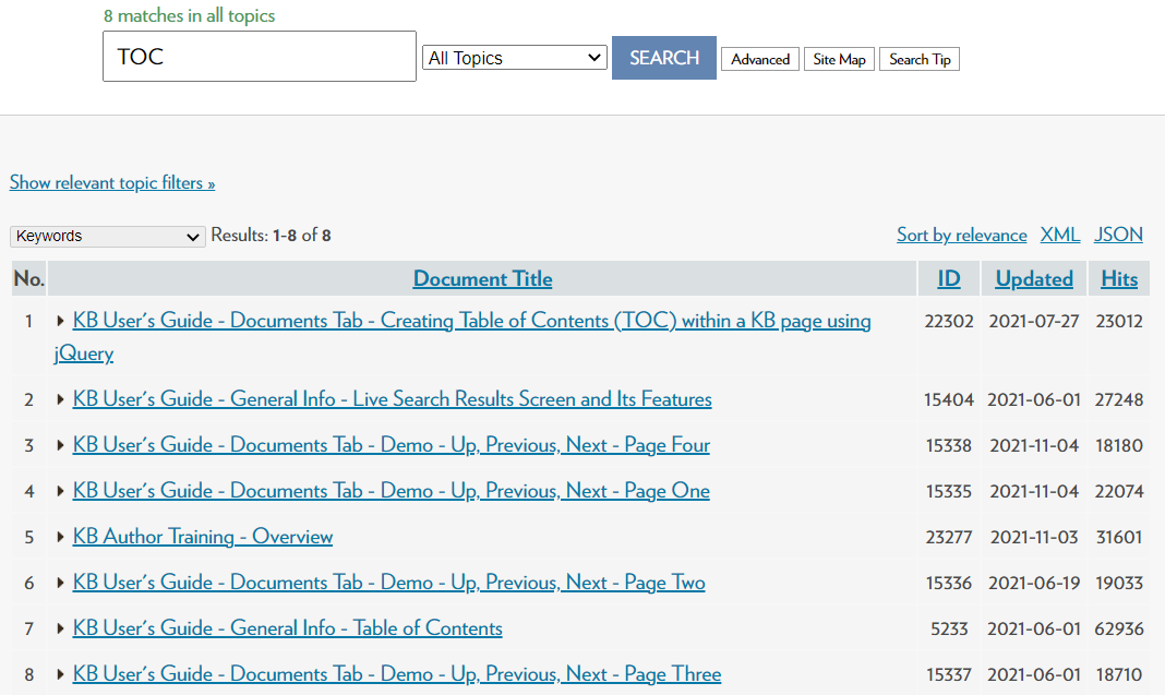 KB live site search results from the 'TOC' keyword