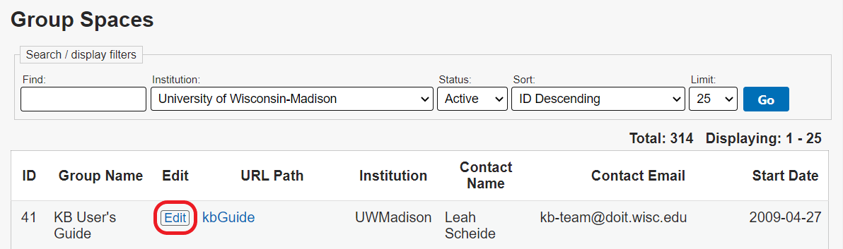 The Group Spacces page. The Edit link in the results table is circled in red.