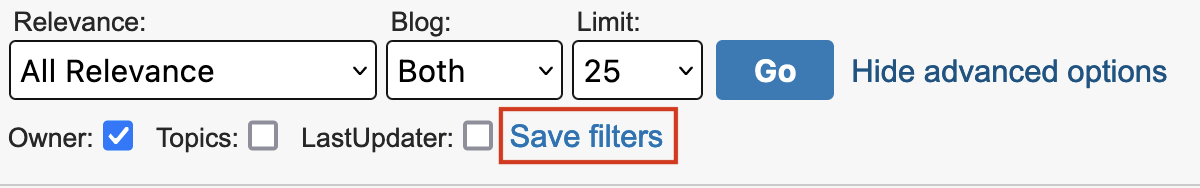 Screenshot showing the "Save filters" link that follows the column checkboxes in advanced options