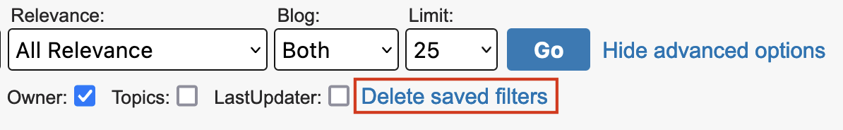 Screenshot showing the "Delete saved filters" link to the right of the column checkboxes in advanced options.