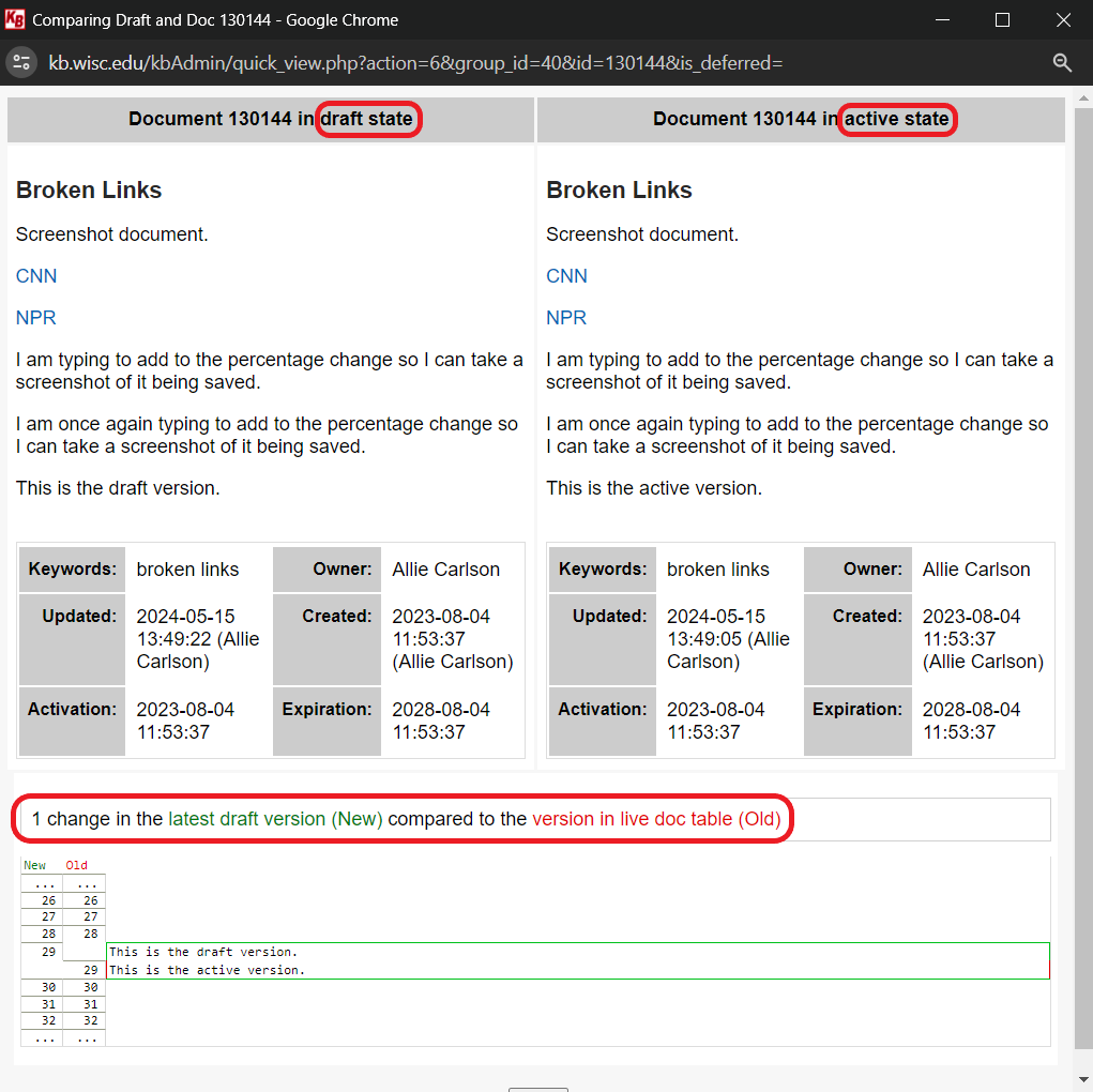 The Draft vs. Active window displaying the Draft and Active versions of the document.