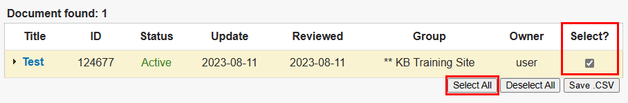 List of documents that match the search filters highlighting the select checkbox and the select all button