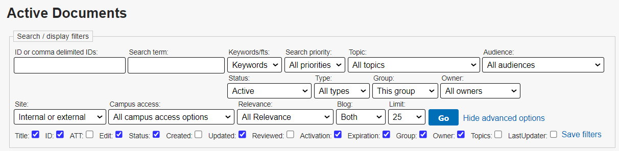 Active Documents screen showing the search and display filters.