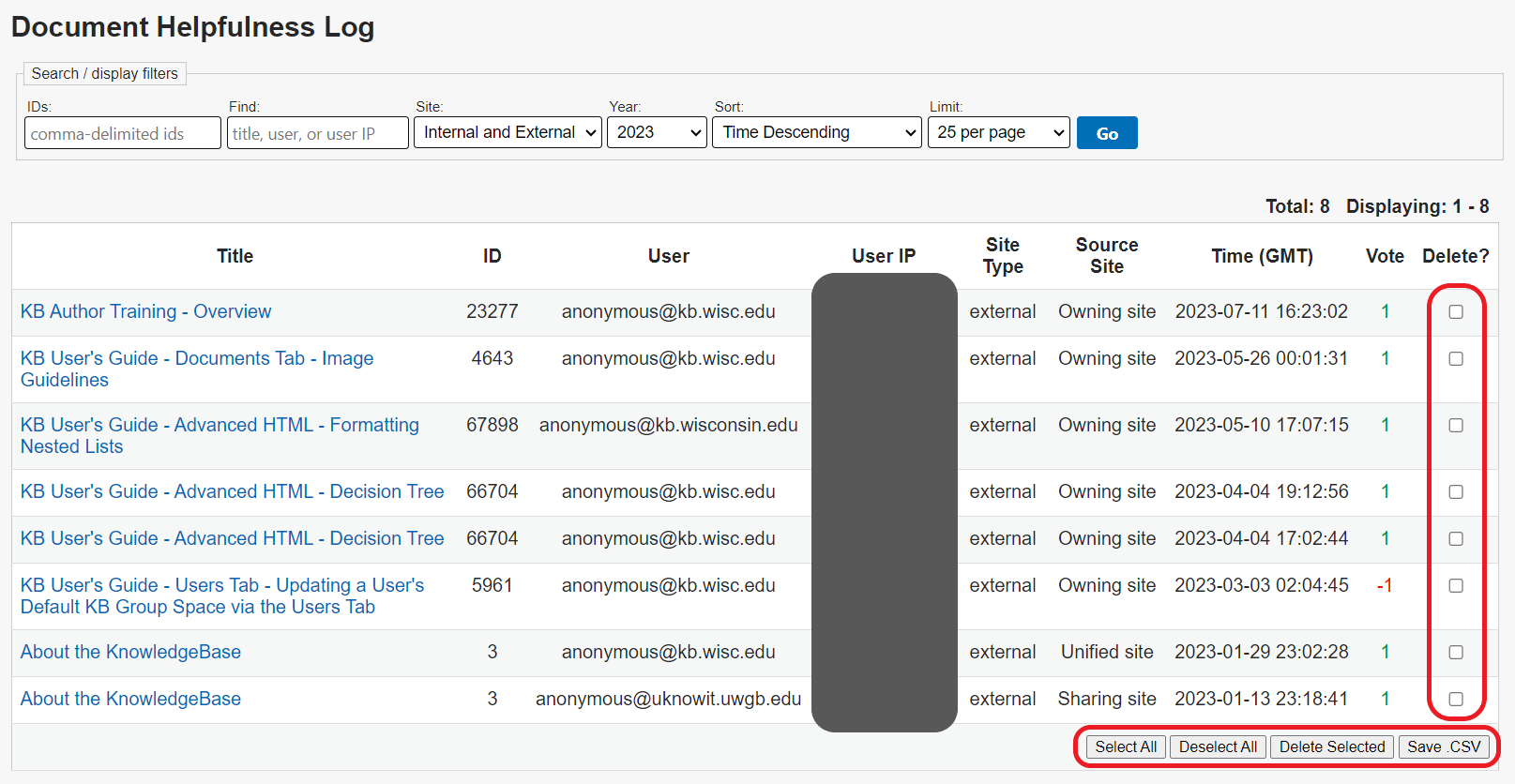 The Document Helpfulness Log page. The Delete? column on the far right is circled in red. The buttons at the bottom are circled in red.