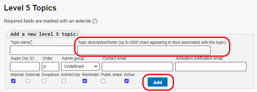 New level 5 topic with the description/footer field and the add button circled in red