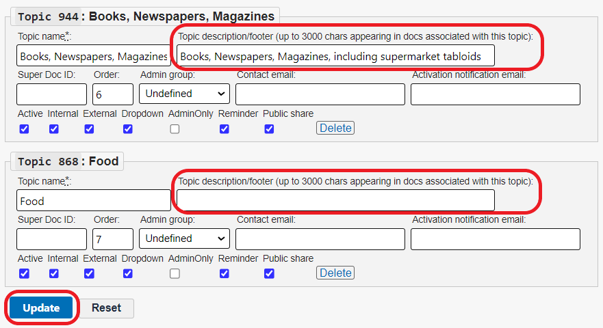Level 5 topic with the Topic/description footer field filled in and the update button circled in red.