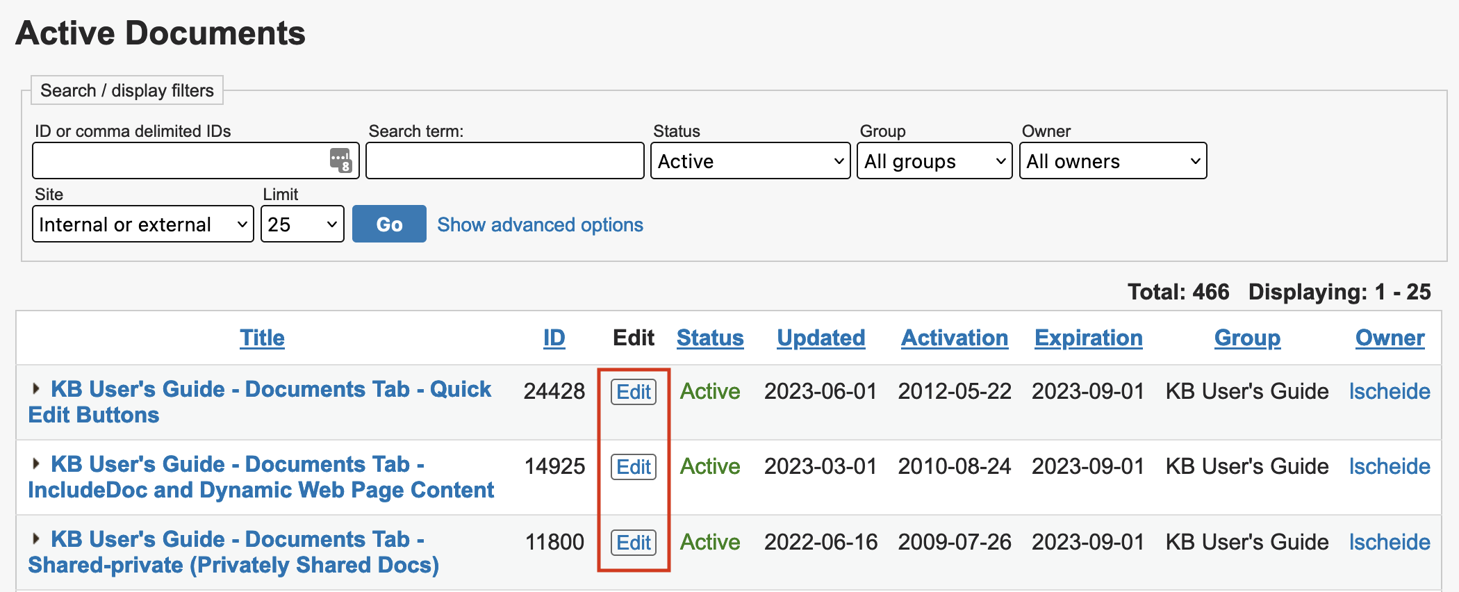 The edit button is found in the third column of the documents table