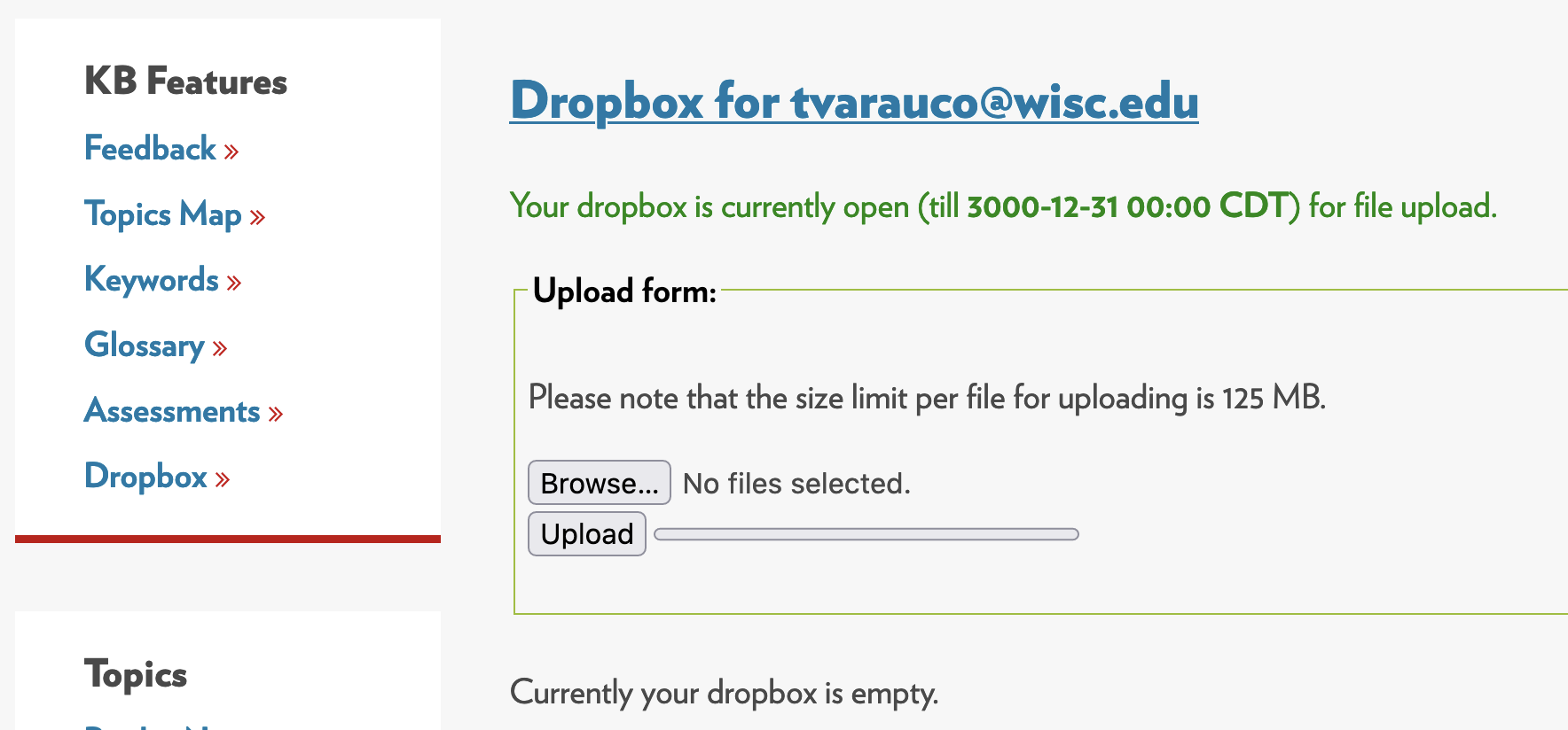 KB internal live site showing dropbox options for a particular user