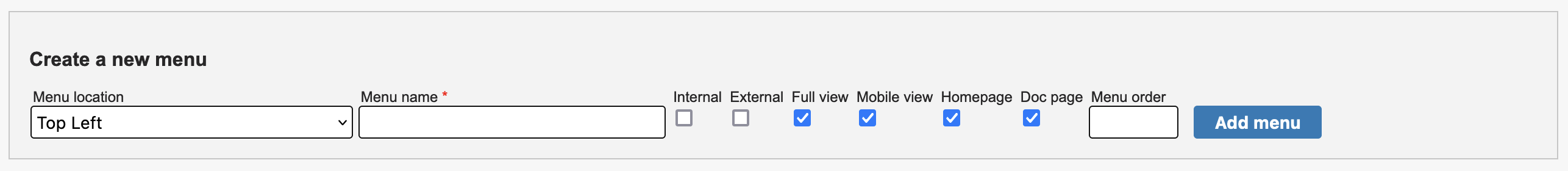 The "Create a new menu" card allows you to create a new menu for your site.