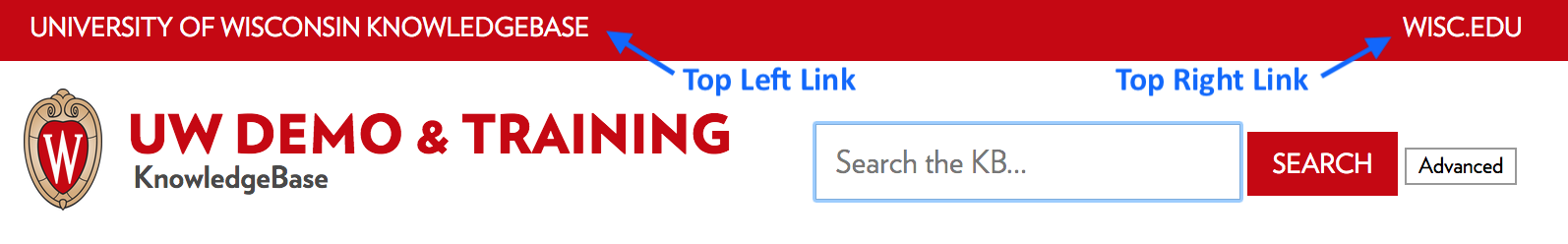 Top banner of the UW Theme showing the position of the top left links and the top right links