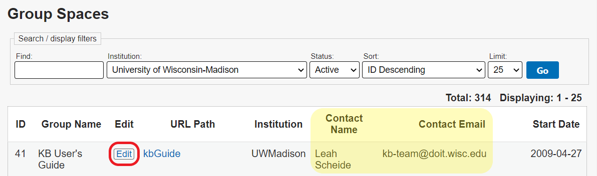 Group spaces screen showing the KB user's guide group highlighting the group contact name and contact email columns.