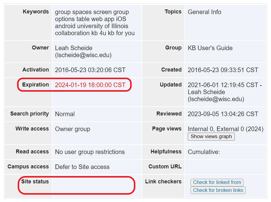 The document information table. Expiration and Site Status are circled in red.