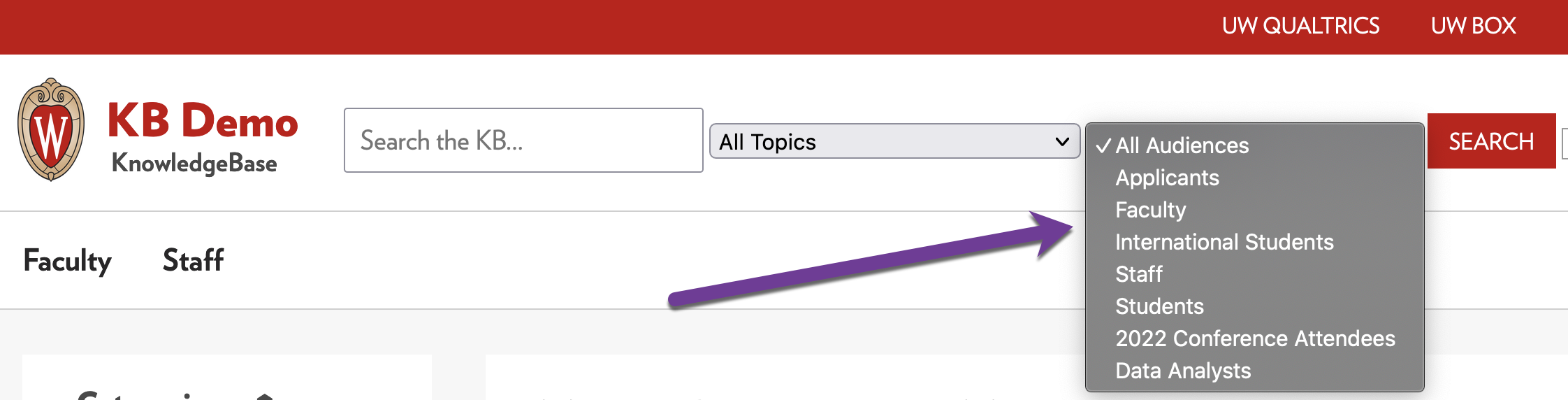 Image of an audience drop-down menu. The menu contains options for "Applicants," "Faculty," "International Students," "Staff," "Students," "2022 Conference Attendees," and "Data Analysts".