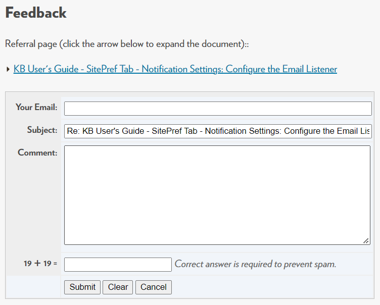 Feedback form for a KB document displaying fields for your email, subject, and comment