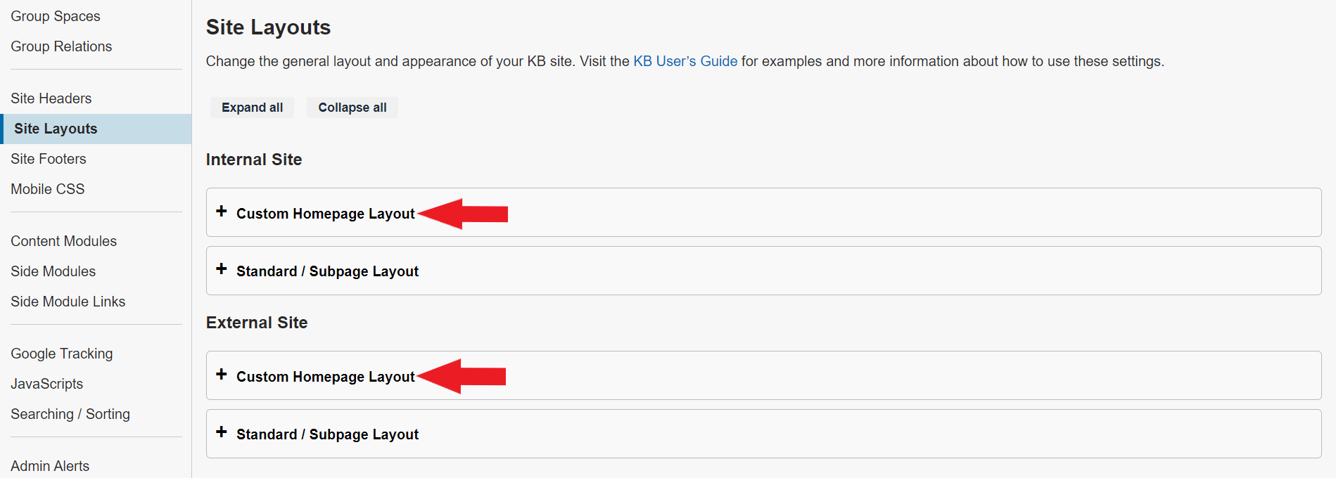 Red arrows point at the Custom Homepage Layout panels under Internal Site and External Site on the Site Layouts page.
