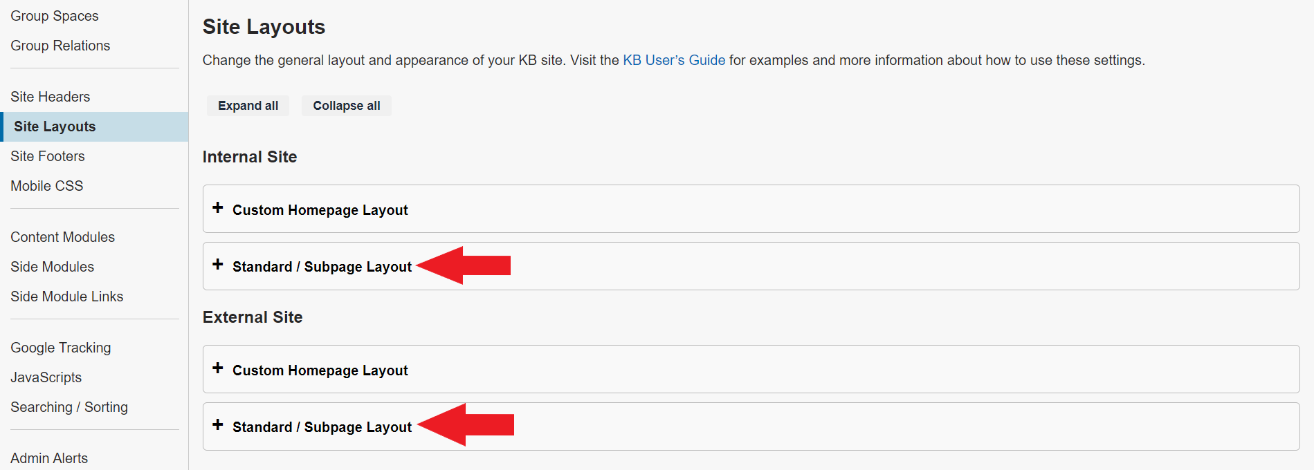 Red arrows point at the Standard / Subpage Layout panels under Internal Site and External Site on the Site Layouts page.