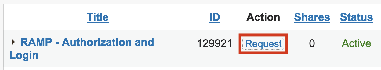 In the document result table on the Use Documents From Other Groups page, the Request button will be in the third column, which is labeled Action