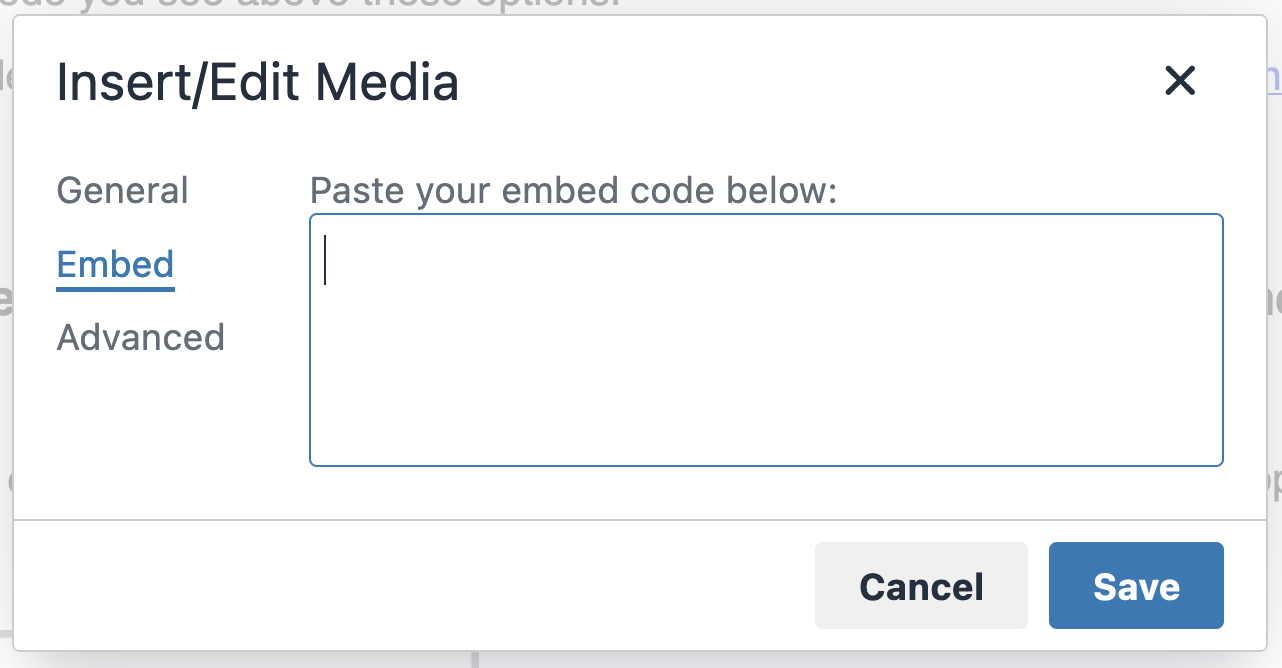 Image of the Insert Media dialog window with the Embed tab selected, which reveals a text field to paste embed code