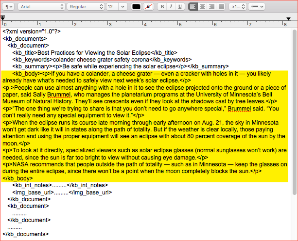 Image of a text file with the XML structure described above, with the body section highlighed