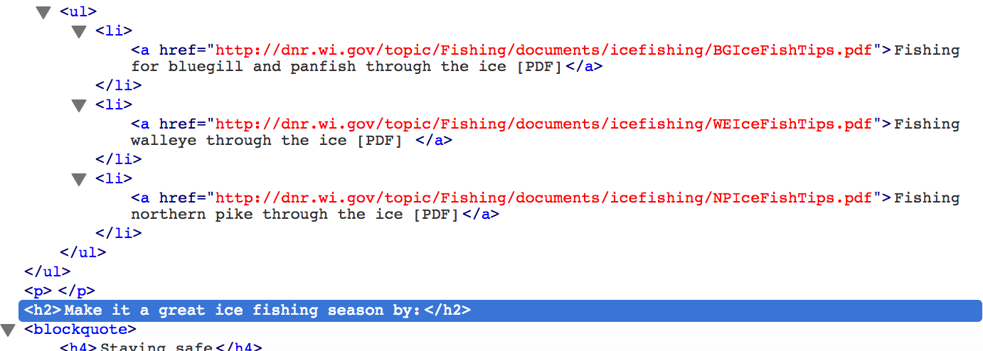 HTML from a browser inspector tool, with an unordered list followed by an h2 tag with the text "Make it a great ice fishing season by:".