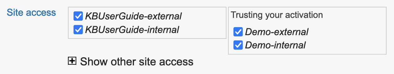 If you have already selected other groups to share a document with, they will appear in this section without needing to expand the "Show all site access" section.