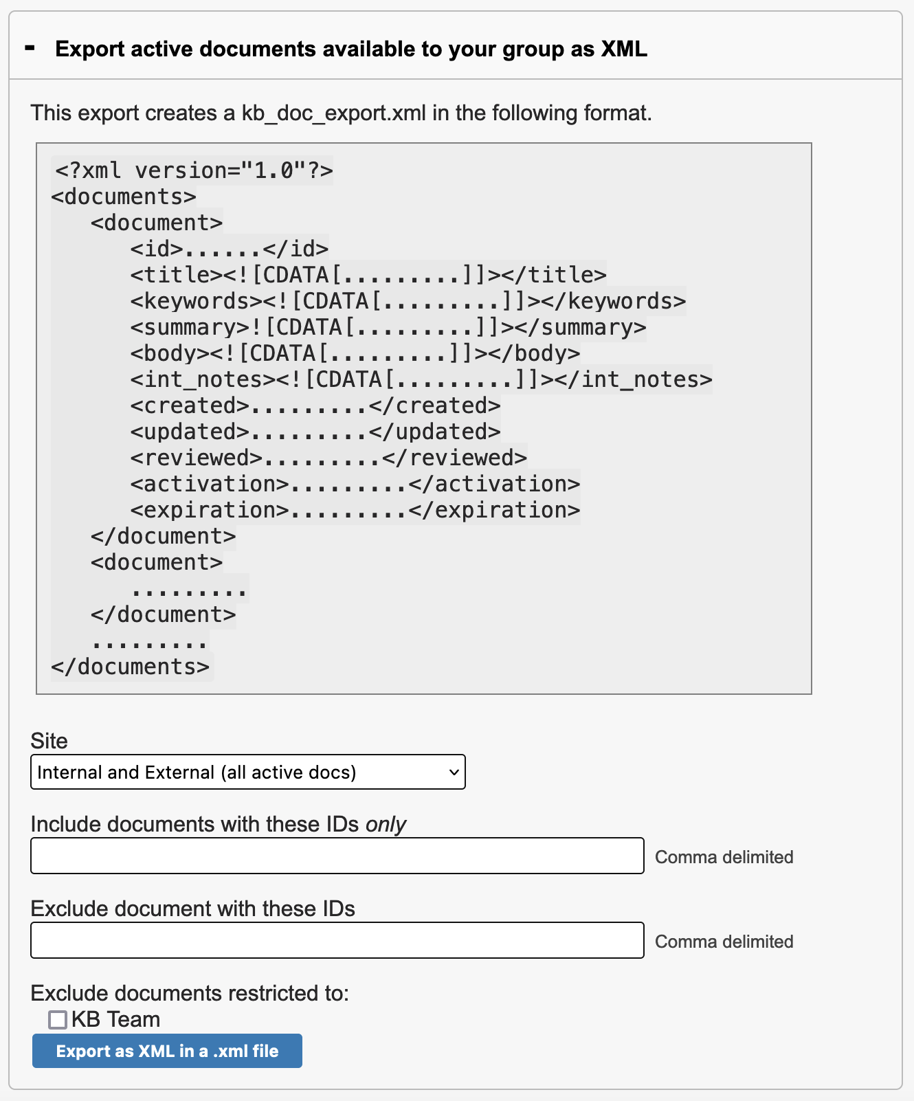 Screenshot of the "Export active documents available to your group as XML" section