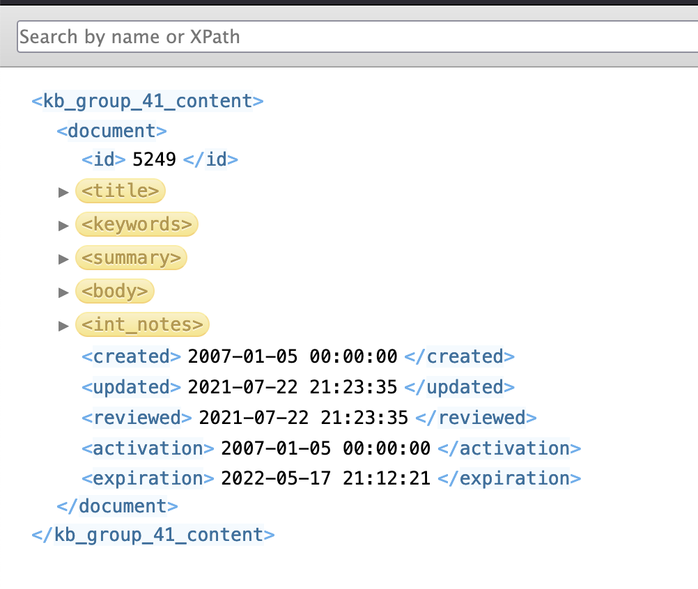 Example of an XML file, where the title, keywords, summary, body, and int_notes sections appear with arrows to the left of the field name, indicating they can be expanded. 
