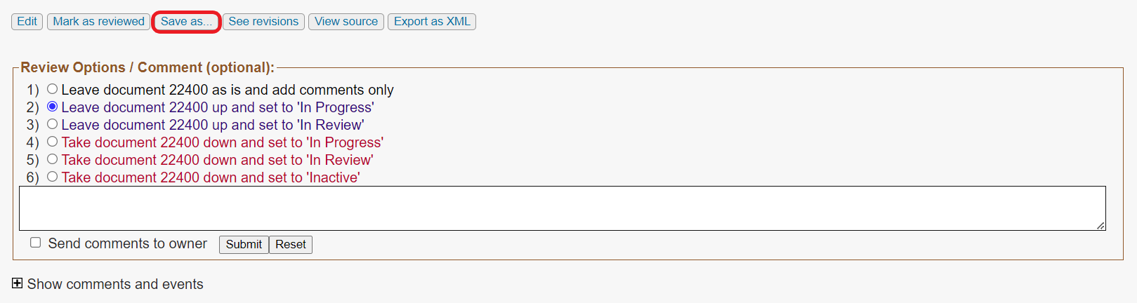 The Review Options / Comment section of a document. Above it is a button menu where the Save as... button is circled in red.