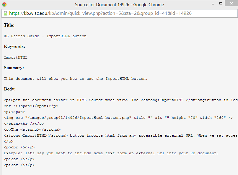 Source code view showing the HTML code for a KB User's guide document