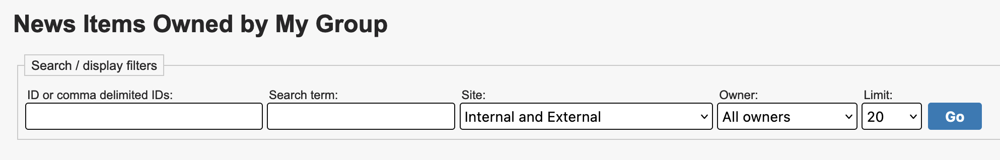 The ID field and search filters appear at the top of the various pages under the News tabs. Filters include a search field, a "Site" dropdown, and an "Owner" dropdown.