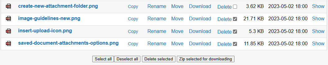Document attachment folder with three of four files selected and ready to be zipped for download.